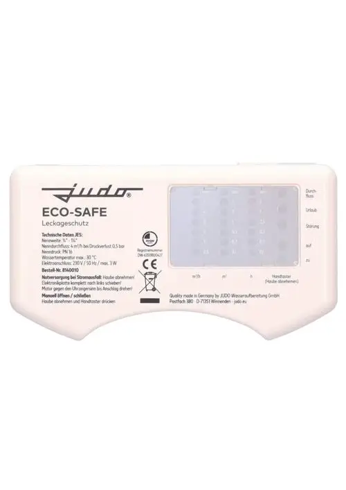 Gerät von Judo mit Anzeige für Durchfluss, Urlaub, Störung. Elektrischer Anschluss 230 V, 50 Hz, max. 3 W. Gebrauchsanweisungen und technische Daten sind abgedruckt.